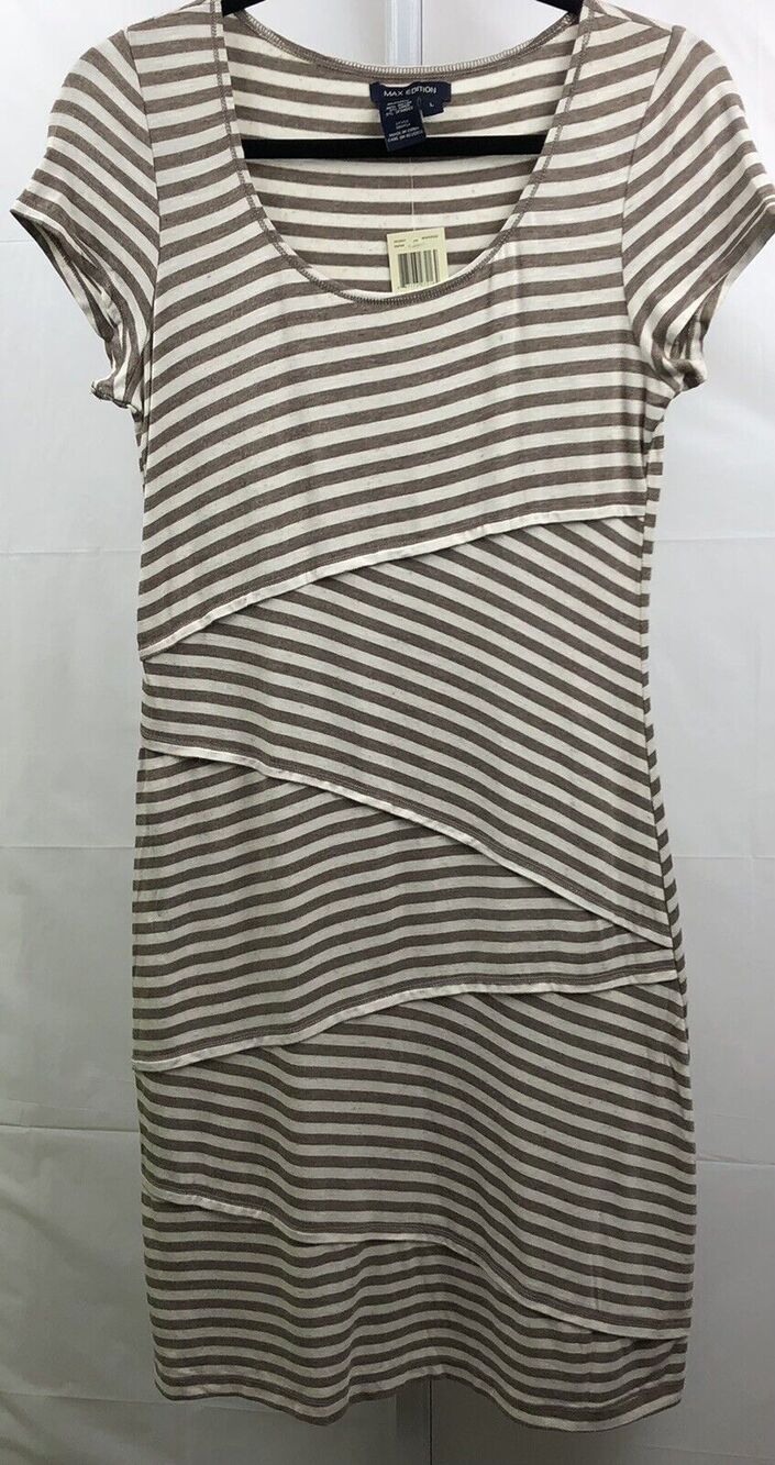 Max Edition Dress Women L Taupe Cream Stripe Rayon Linen Cap Sleeve Stretch